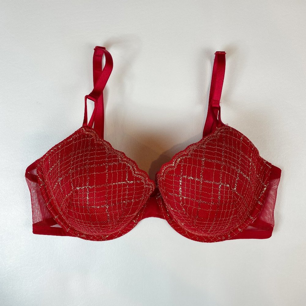 NWOT Victoria's Secret Bra 36D Lined Demi Red Gold Metallic